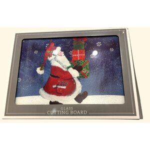 VTG Santa-Themed Glass Cutting Board w Happy Holidays Border 12"x10" Heat/ Scrat